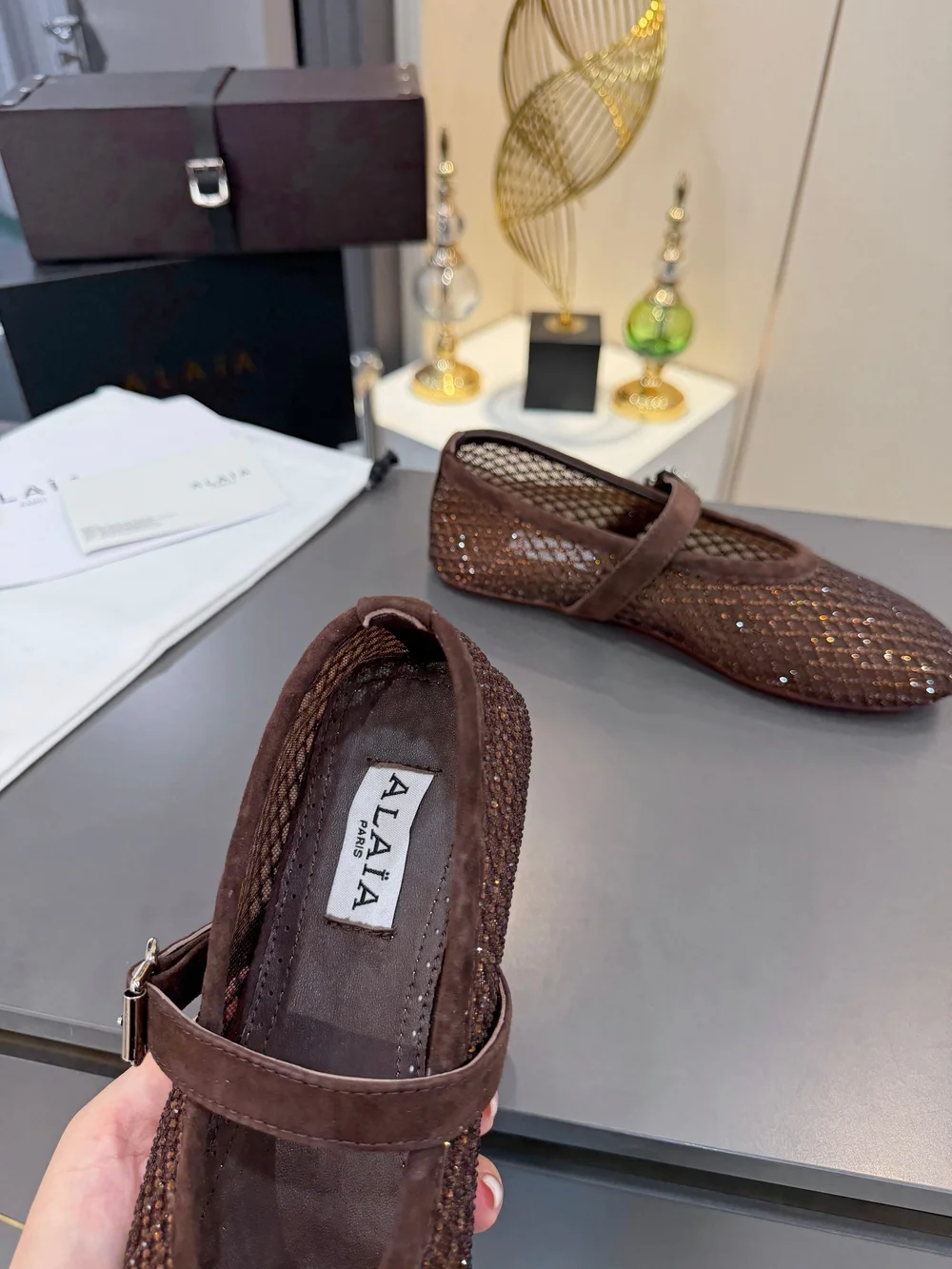 ALAÏA Dark Brown Rhinestone Ballet Flats - Picture 8 of 8